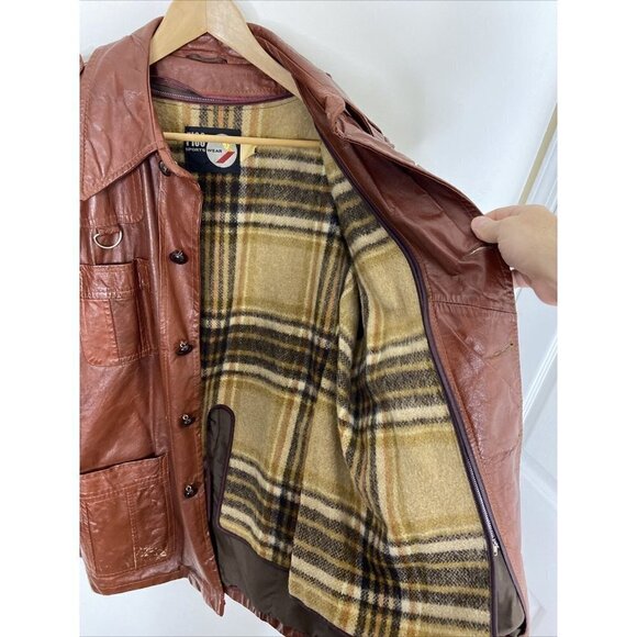 Vintage Rice Sports Wear 70s Men 42 Brown Leather Hipster Mod Disco Plaid Coat - Picture 8 of 12